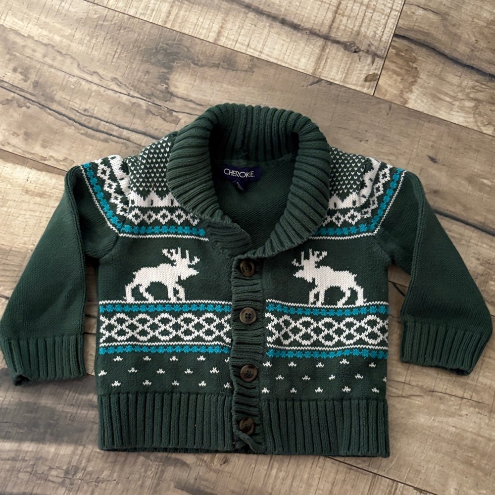 Cherokee Winter Christmas Shawl Thick Sweater Green Moose Infant Size 18m